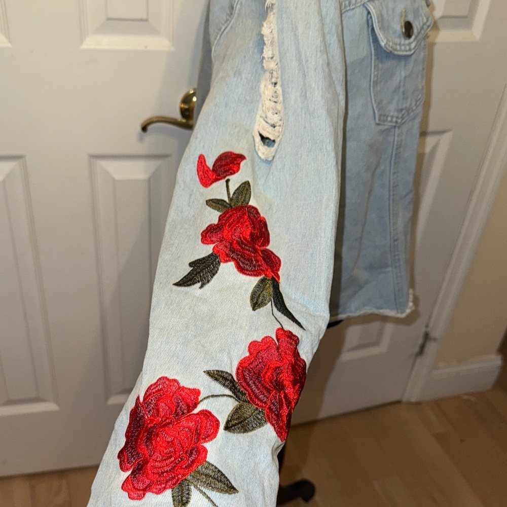 Say What? Light Blue Denim Jacket with Red Floral Accents - Picture 2 of 9